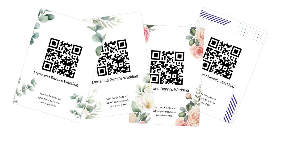 Various QR code design templates including wedding themes with floral decorations